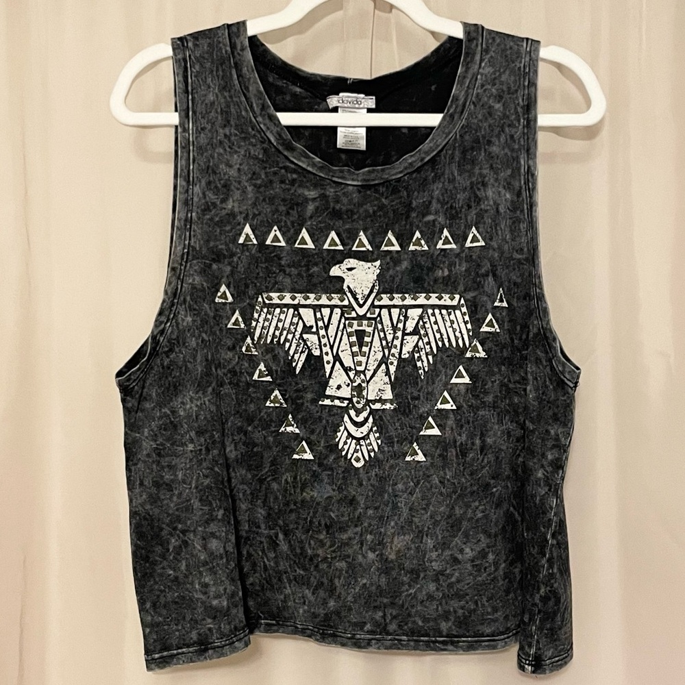 Black & Grey Stonewashed Sleeveless Graphic Crop Muscle Tee